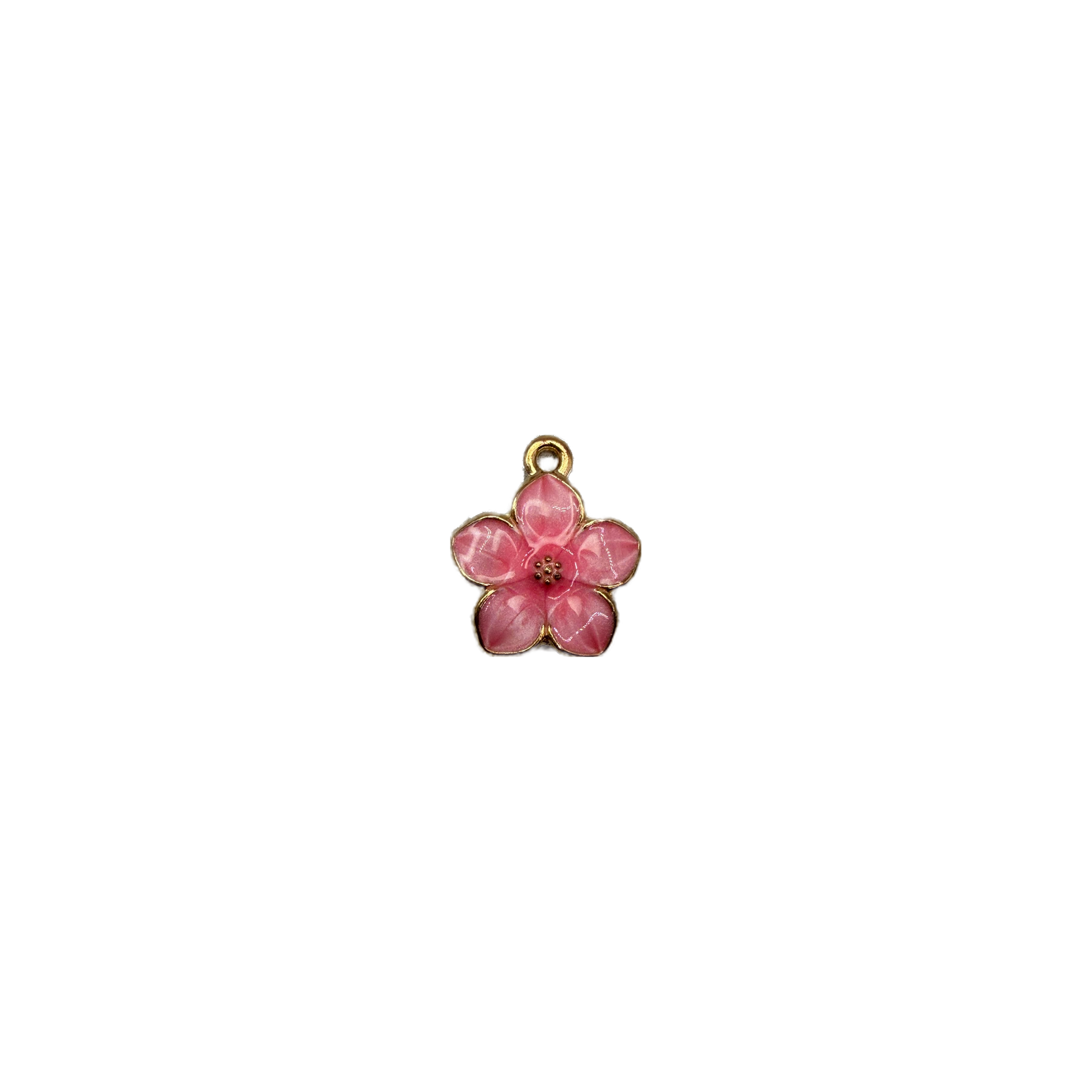 Glossy pink blossom with gold outline and beaded center