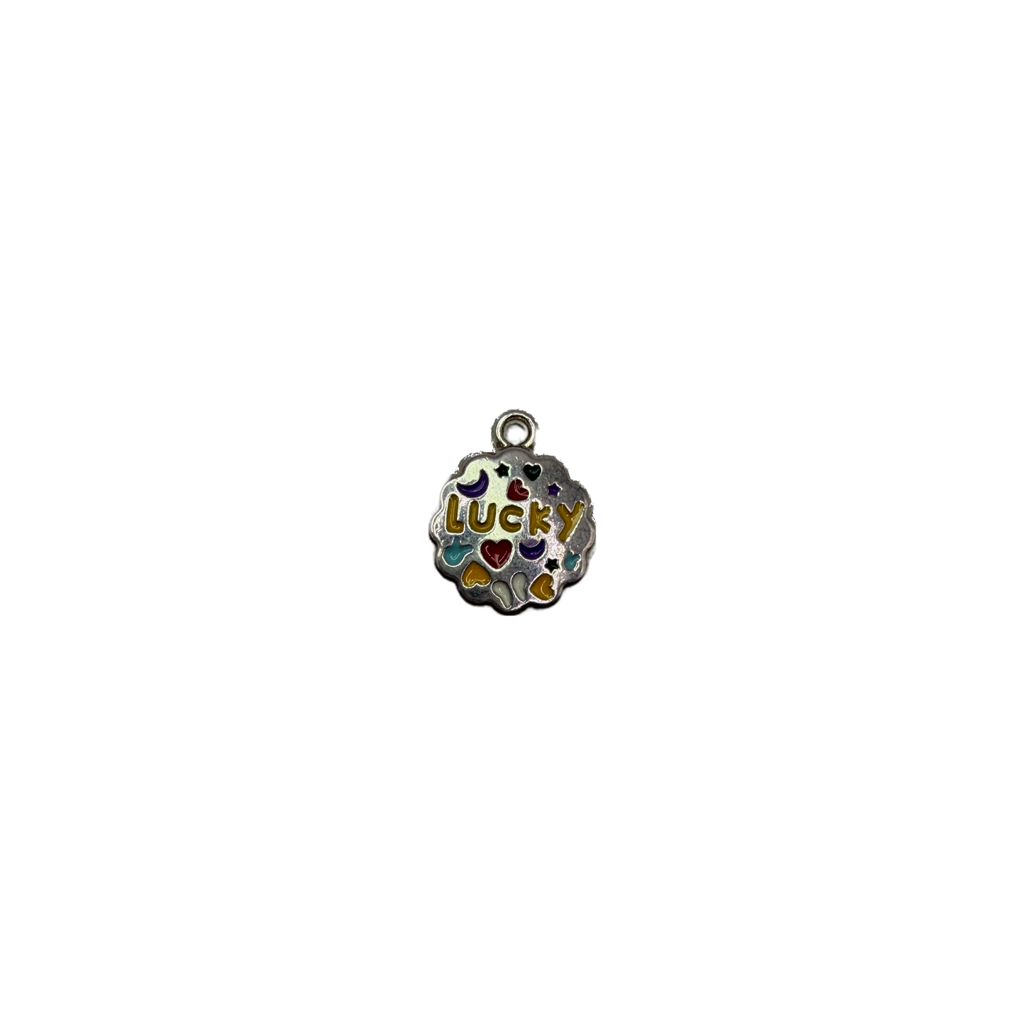 Silver scalloped medallion with gold LUCKY lettering and enamel icons