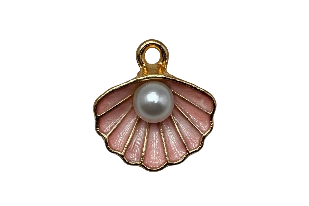 Gold scallop shell charm with glossy pink enamel and a round pearl center