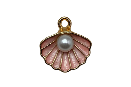 Gold scallop shell charm with glossy pink enamel and a round pearl center