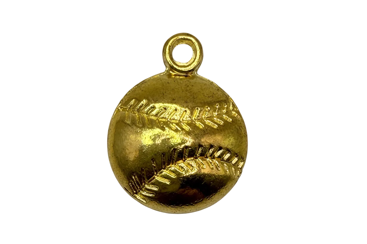 Polished gold baseball charm with raised stitched detailing