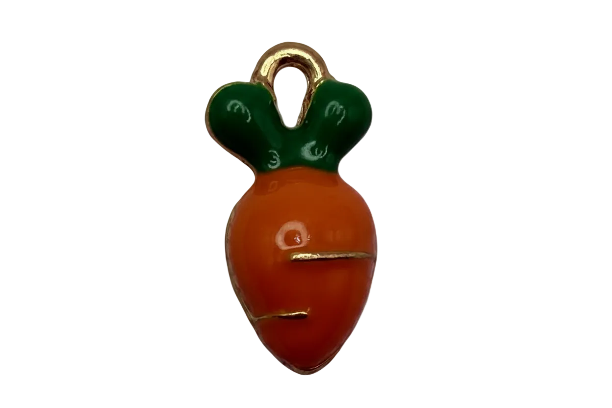 Glossy orange carrot charm with green leaves and gold accents