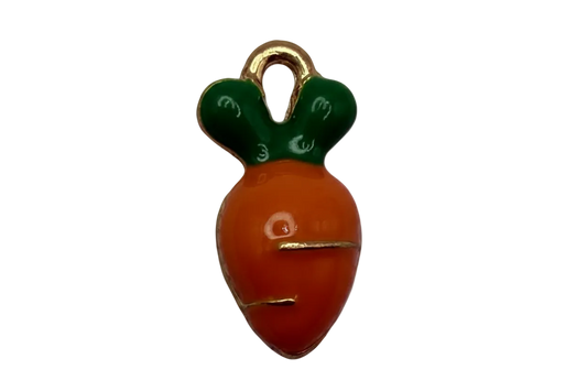 Glossy orange carrot charm with green leaves and gold accents