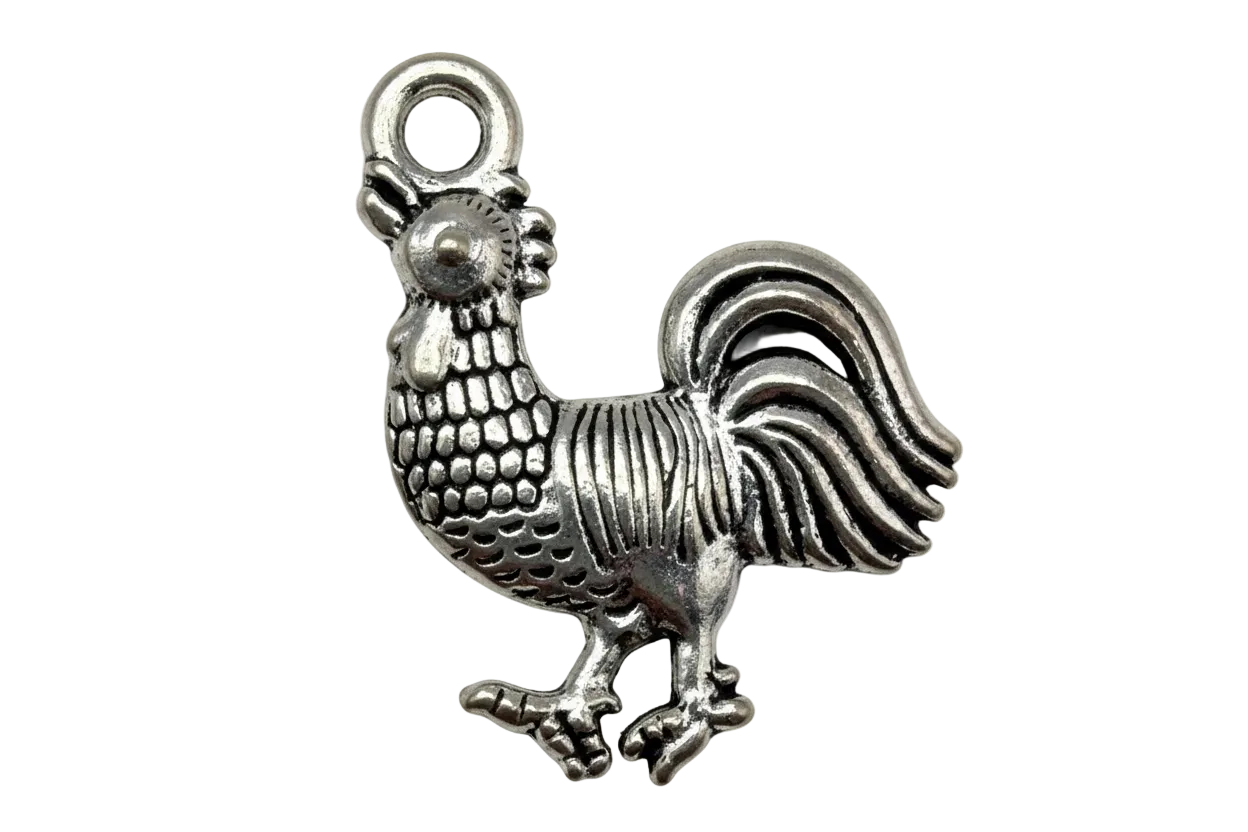 Oxidized silver rooster charm with textured feathers and curved tail