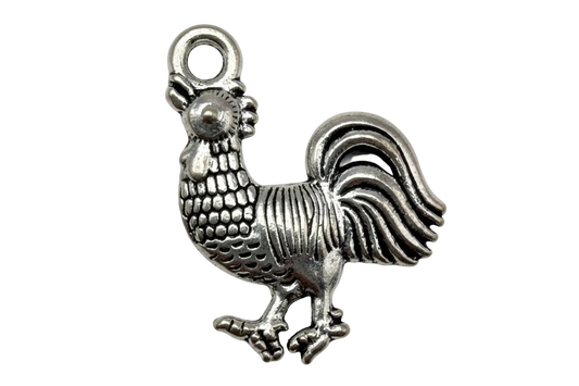 Oxidized silver rooster charm with textured feathers and curved tail