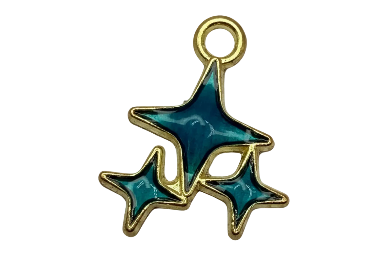 Gold-outlined triple star cluster with glossy teal enamel fill