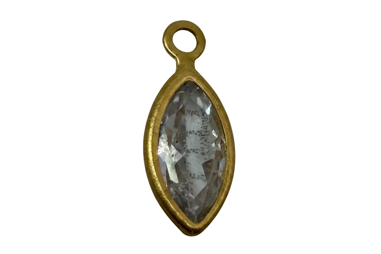 Gold-framed faceted clear marquise gem charm with elongated navette shape