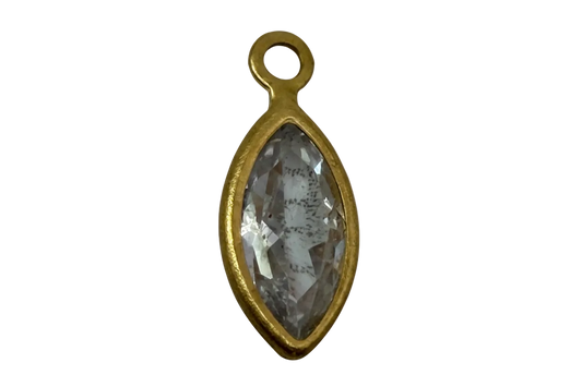 Gold-framed faceted clear marquise gem charm with elongated navette shape