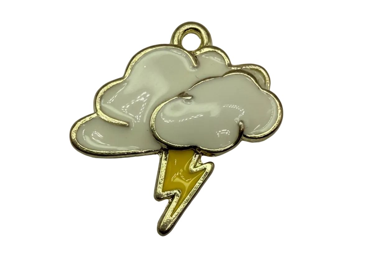 Gold-outlined white storm cloud with yellow lightning bolt, glossy finish