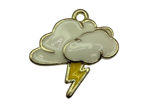 Gold-outlined white storm cloud with yellow lightning bolt, glossy finish