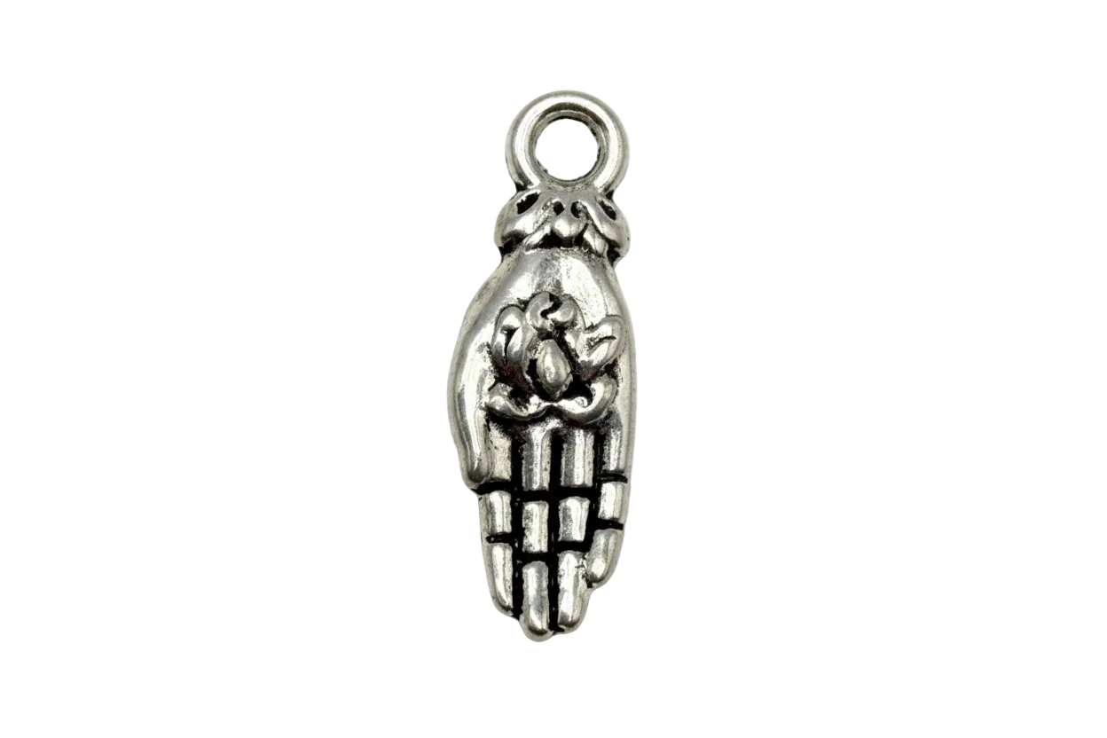Antiqued silver-tone hamsa hand charm with sculpted floral detail and textured fingers