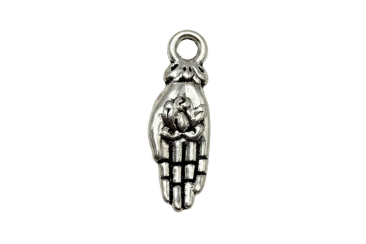 Antiqued silver-tone hamsa hand charm with sculpted floral detail and textured fingers
