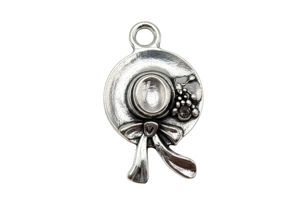 Polished silver bonnet hat charm with bow and small floral detail