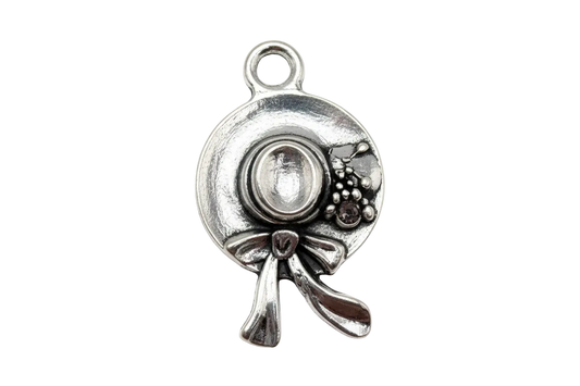 Polished silver bonnet hat charm with bow and small floral detail