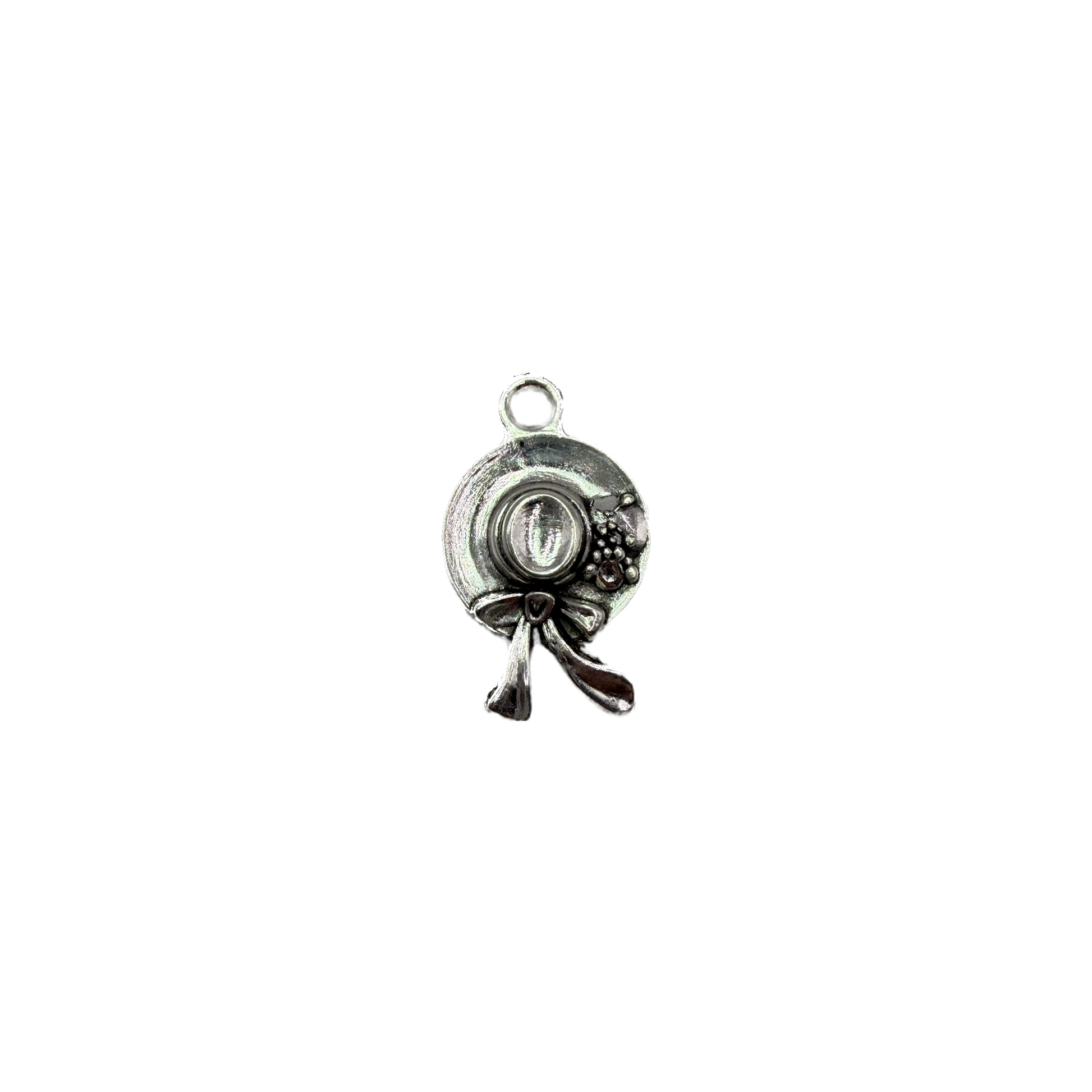 Silver bonnet hat with bow and small floral detail