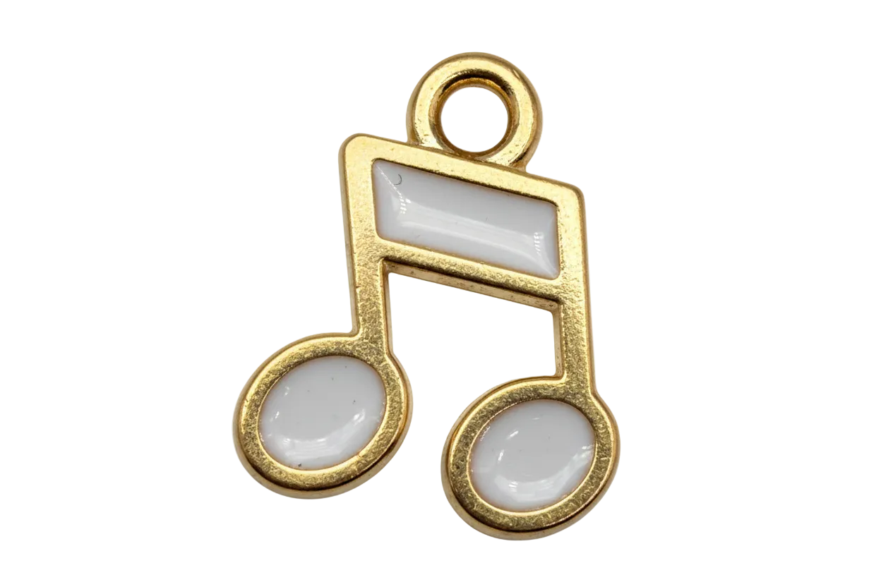 Gold musical note charm with glossy white enamel accents