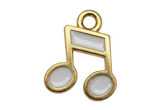 Gold musical note charm with glossy white enamel accents