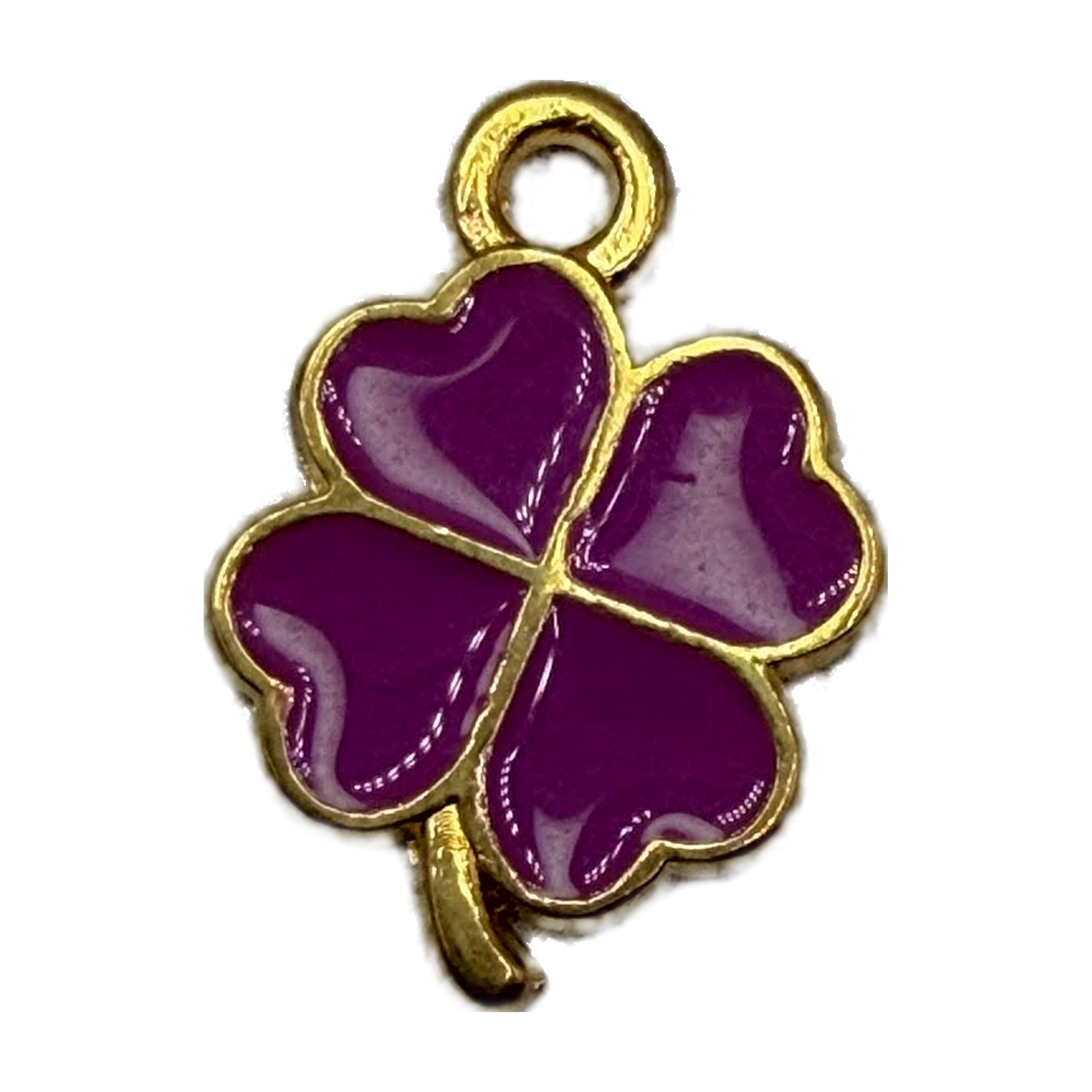 Glossy purple four-leaf clover with gold outline