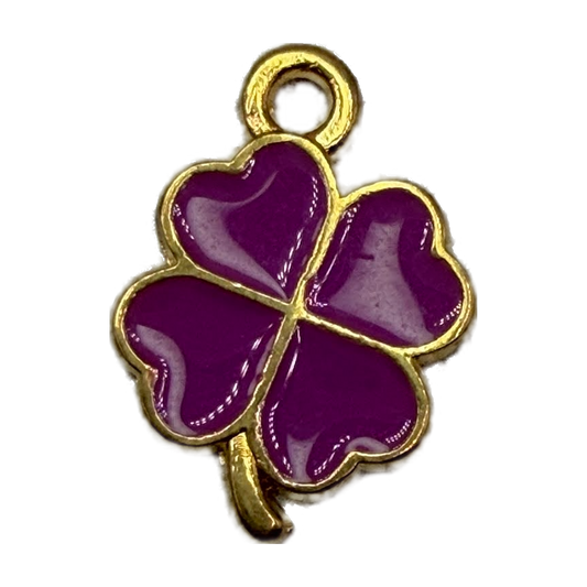 Glossy purple four-leaf clover with gold outline