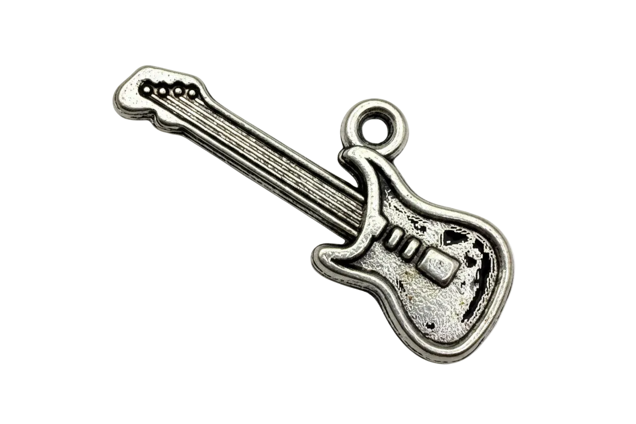 Antique silver electric guitar charm with etched string details