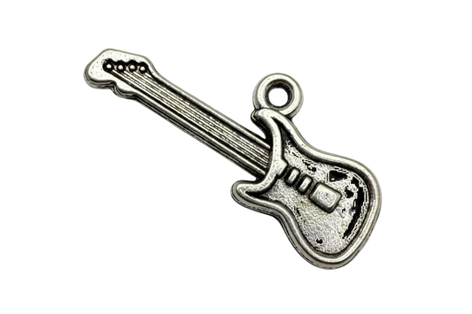 Antique silver electric guitar charm with etched string details