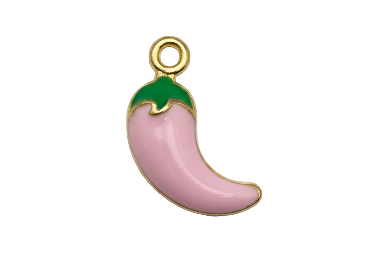 Glossy pink chili pepper charm with green top and gold outline