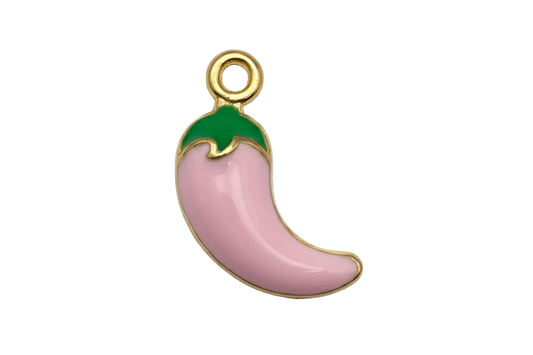 Glossy pink chili pepper charm with green top and gold outline