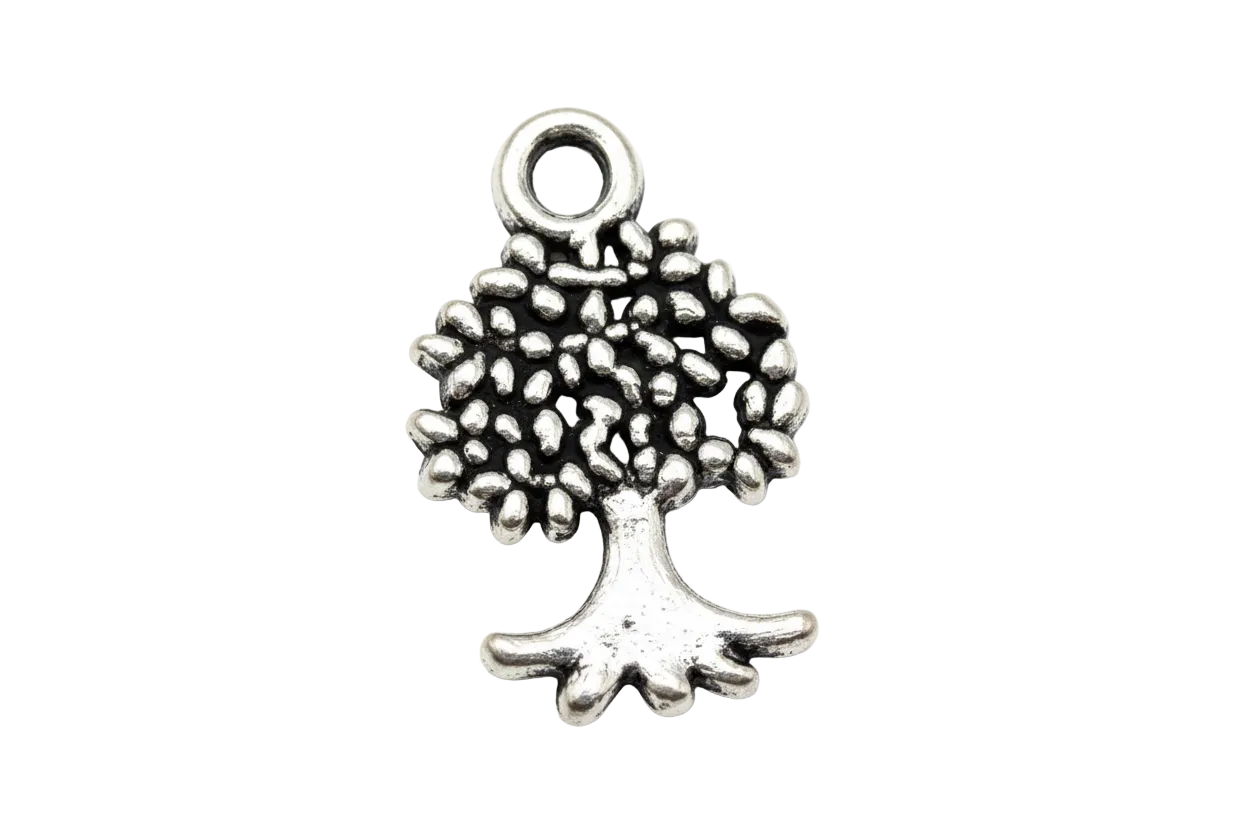 Antique silver textured tree charm with beaded canopy and exposed roots