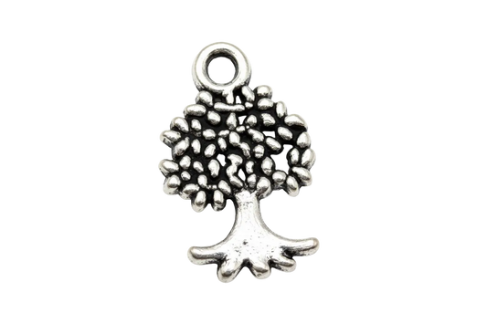 Antique silver textured tree charm with beaded canopy and exposed roots