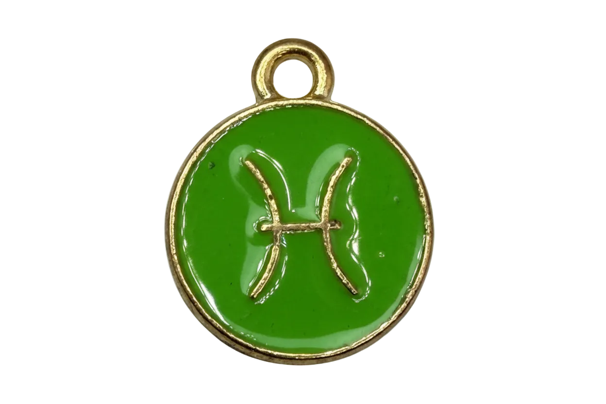 Glossy green round Pisces zodiac medallion with raised gold symbol and gold border