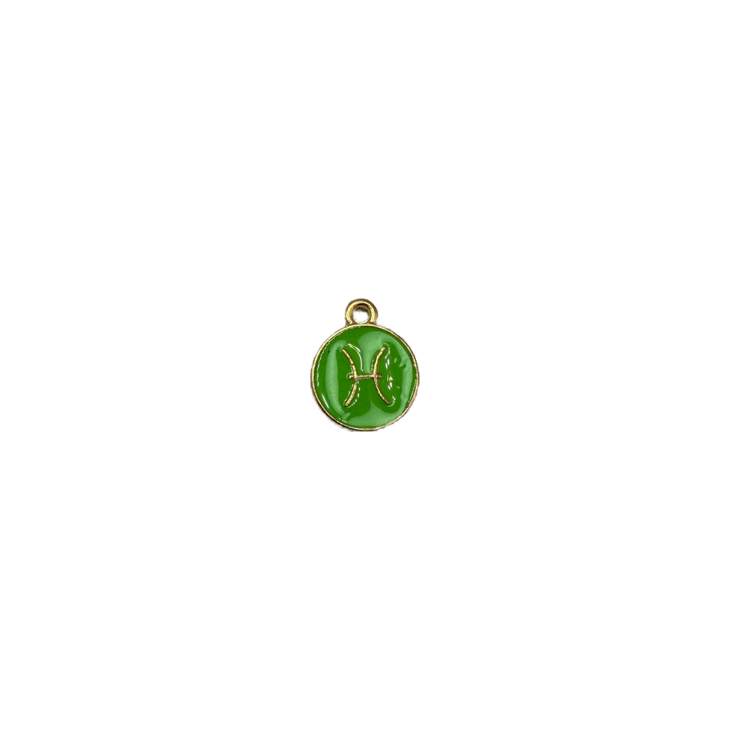 Green Pisces zodiac medallion with raised gold symbol