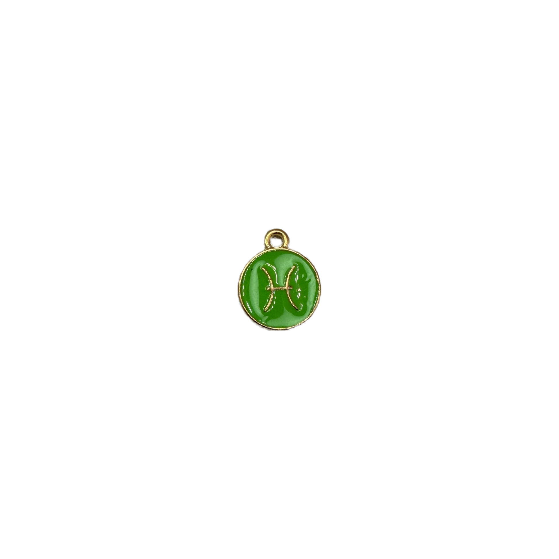 Green Pisces zodiac medallion with raised gold symbol