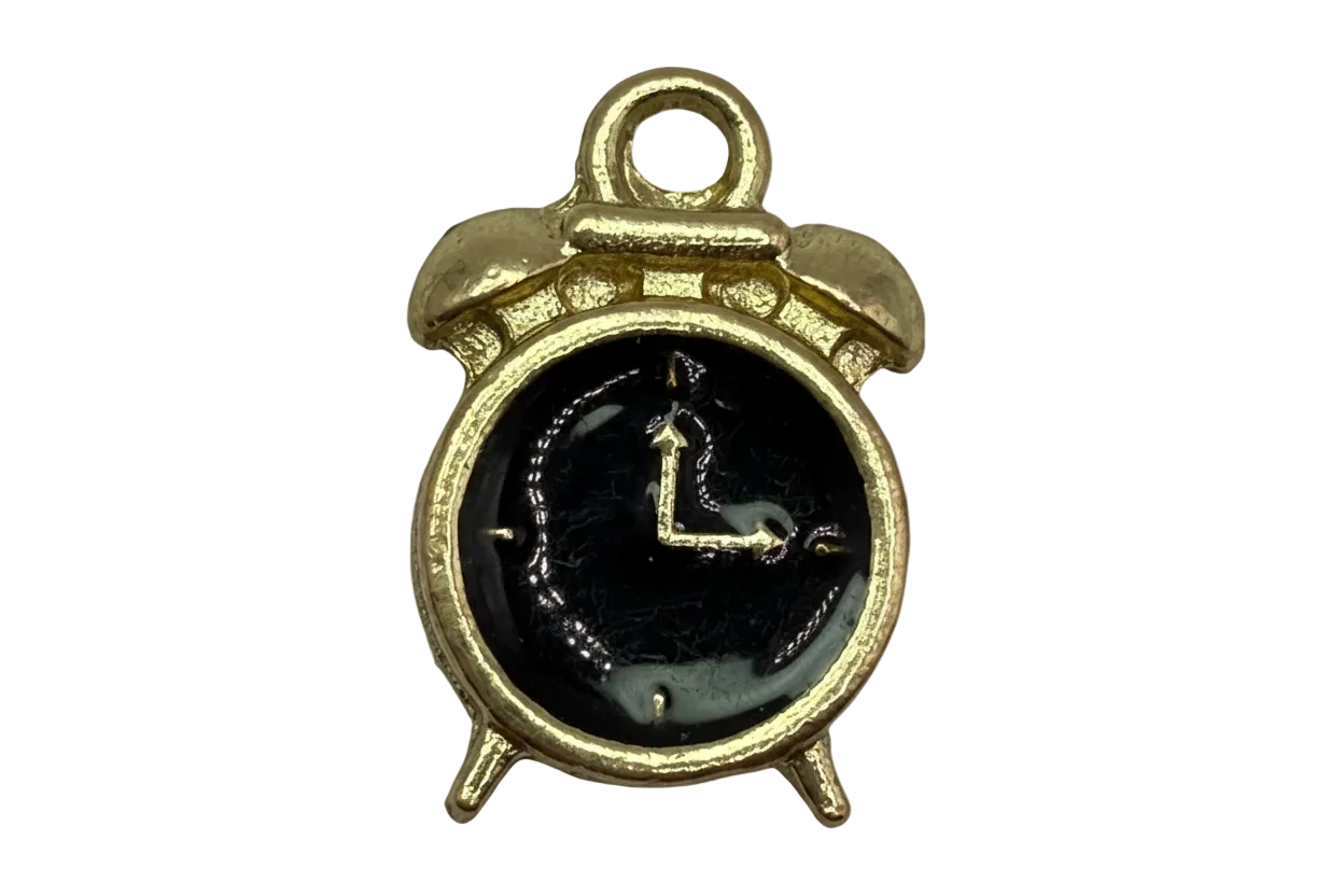 Gold alarm clock charm with glossy black face and cat motif