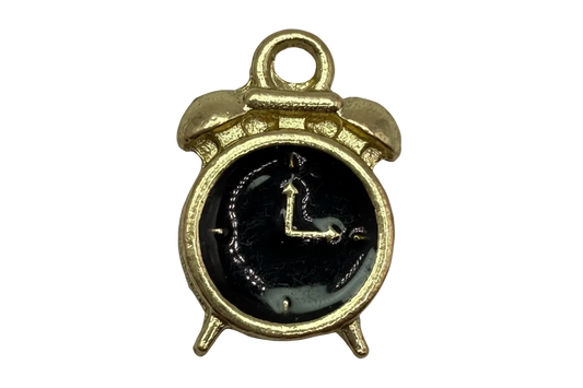 Gold alarm clock charm with glossy black face and cat motif