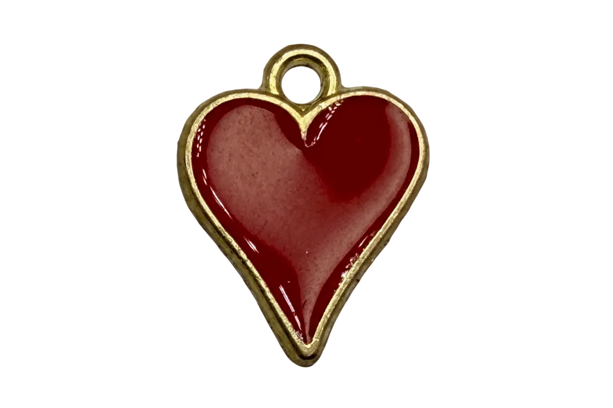 Glossy red heart charm with gold trim and small clear gem accent