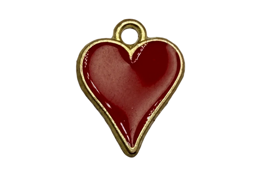 Glossy red heart charm with gold trim and small clear gem accent