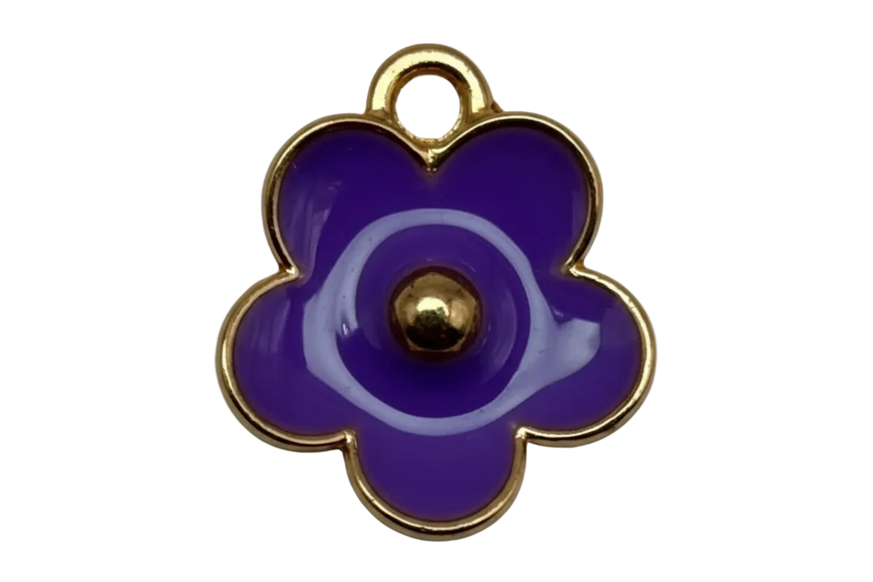 Glossy purple enamel flower with gold outline and small clear gem detail