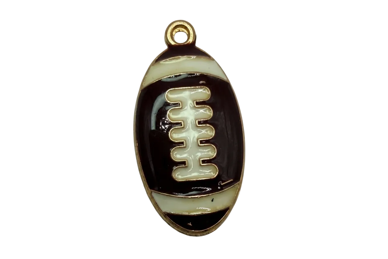 Black and ivory enamel football with gold outline and raised laces