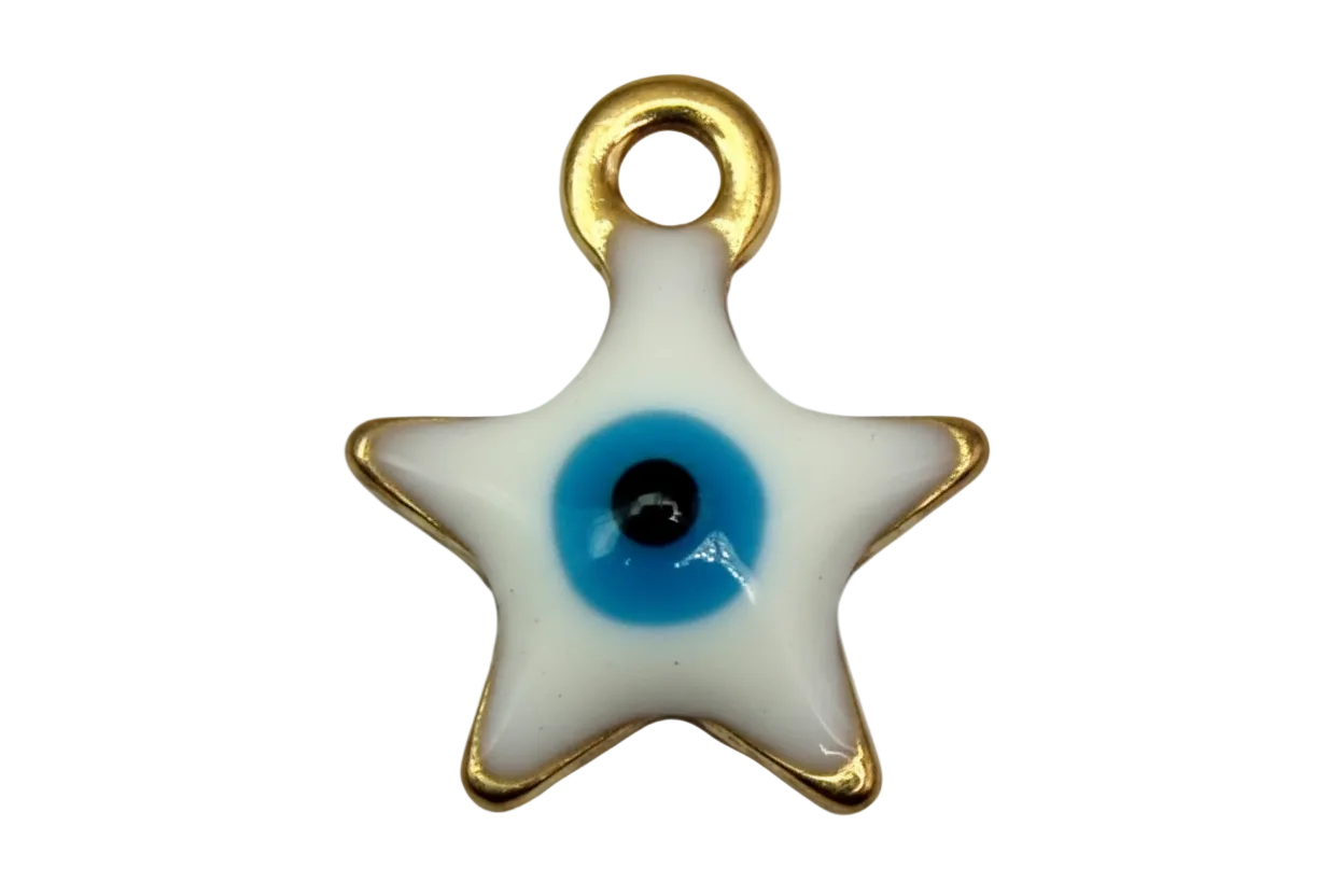 White enamel star with blue evil eye center and gold outline