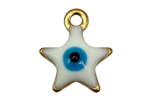 White enamel star with blue evil eye center and gold outline