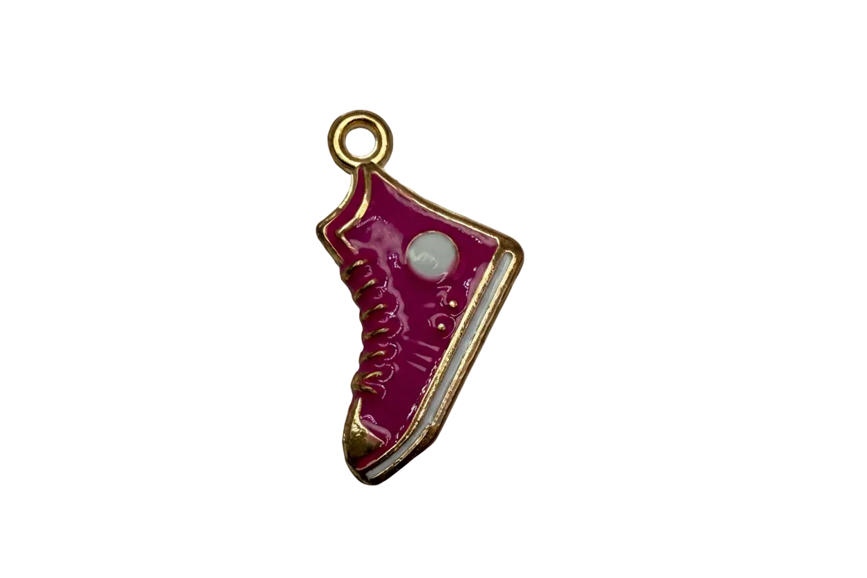 Glossy magenta high-top sneaker charm with gold outline and white side stripe