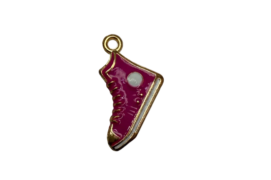 Glossy magenta high-top sneaker charm with gold outline and white side stripe