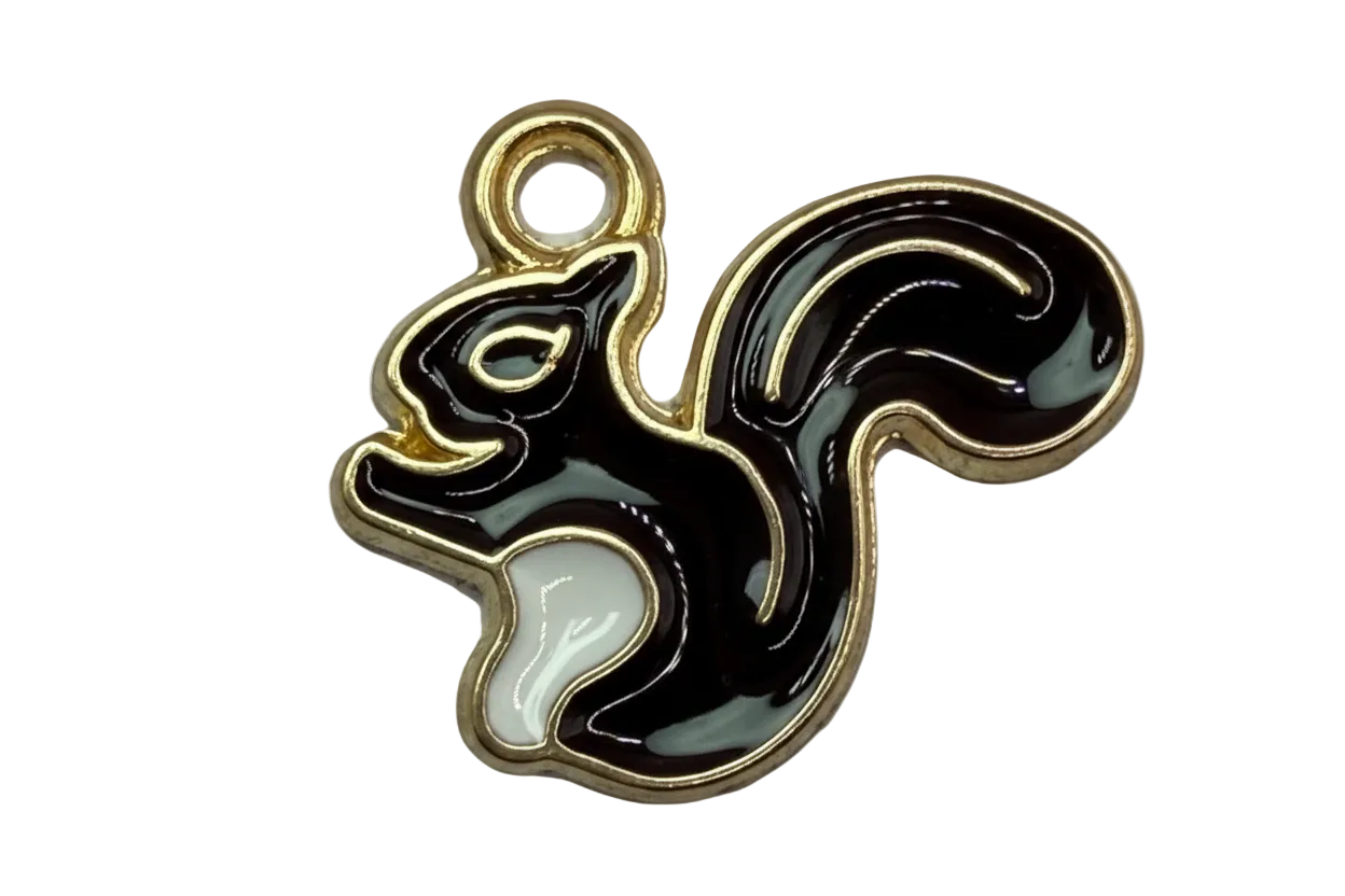 Glossy black and white squirrel silhouette with gold outline