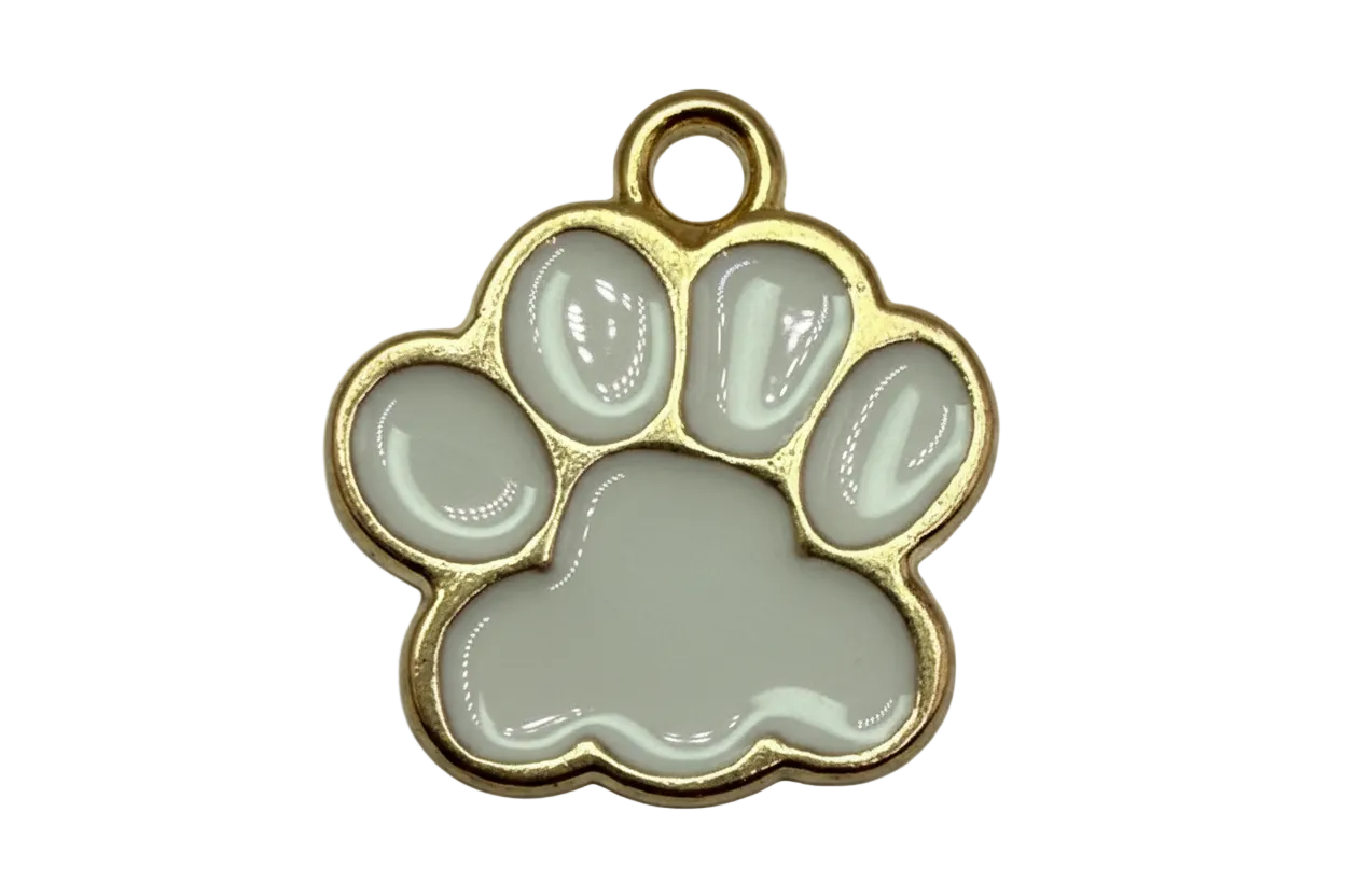 Glossy light gray paw print with gold outline