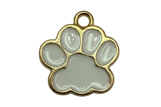 Glossy light gray paw print with gold outline