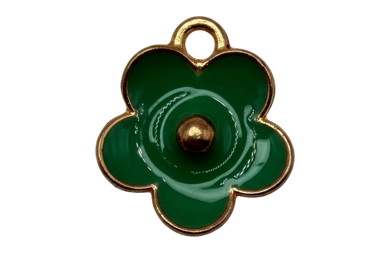 Glossy emerald green enamel flower with polished gold outline and raised center detail