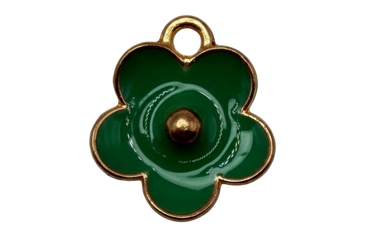 Glossy emerald green enamel flower with polished gold outline and raised center detail