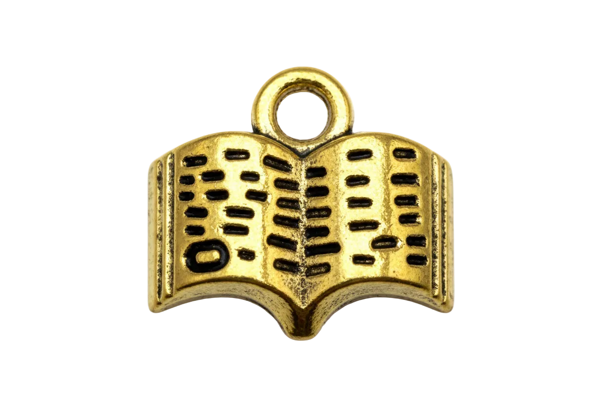Gold open book charm with black enamel text detailing