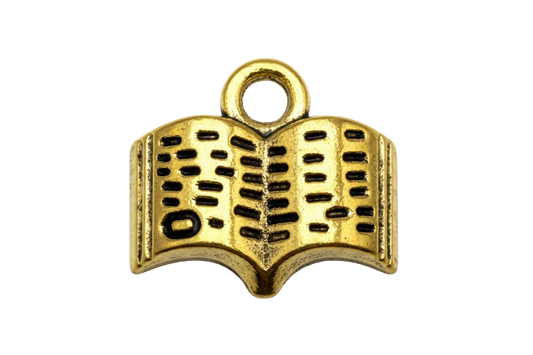 Gold open book charm with black enamel text detailing