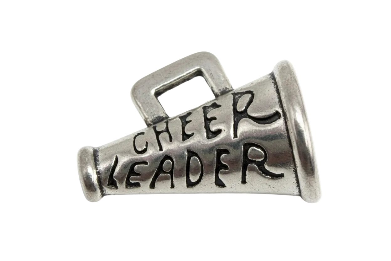 Antique silver megaphone charm with blackened "CHEER LEADER" lettering